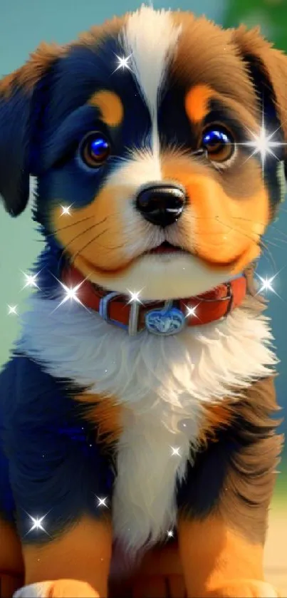 Adorable puppy with big eyes and a collar sits attentively.