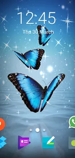Blue butterflies sparkle over ocean on phone wallpaper.