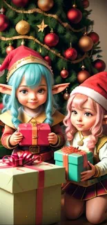 Christmas elves with gifts by tree in festive mobile wallpaper.