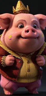 Cute cartoon pig with a crown and jacket, smiling warmly.