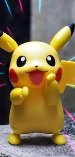 Cute Pikachu standing on a rock, looking playful in an outdoor setting.