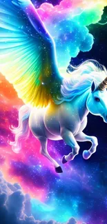 A majestic unicorn flying through a colorful sky with vibrant clouds and stars.