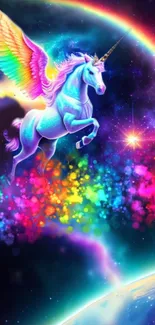 Colorful unicorn with rainbow wings in a cosmic fantasy setting.