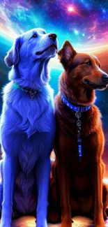 Two dogs with a cosmic galaxy background, colorful and vibrant.