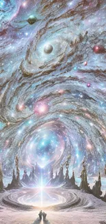 A cosmic swirl with vibrant galaxies and stars in a surreal landscape setting.