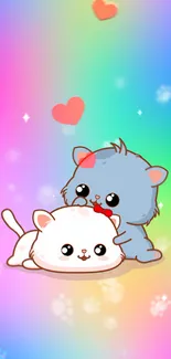 Adorable anime cats with rainbow background.