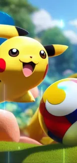 Cheerful Pikachu with colorful ball landscape.