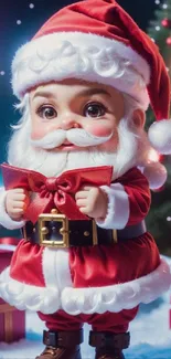 Cute Santa Claus with gifts and Christmas tree in the background.
