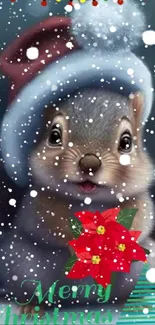 Cute squirrel in Santa hat with Christmas decorations.