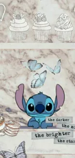 Stitch with cupcakes and butterflies on marble background.
