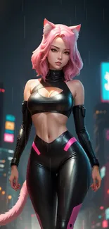 Cyberpunk catgirl with pink hair and neon lights.