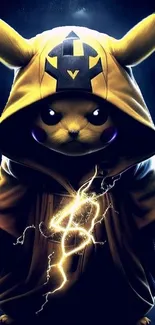 Pikachu wearing a hooded cloak with electric sparks.