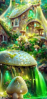 Enchanting mushroom houses in a mystical forest with glowing lights.