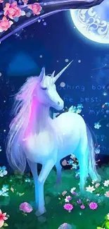 Enchanting unicorn under a moonlit sky with vibrant flora.