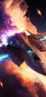 Futuristic spacecraft flying through a fiery cosmic explosion with vibrant colors.