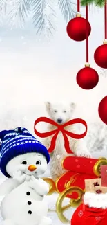 Snowy Christmas scene with snowman and sleigh.
