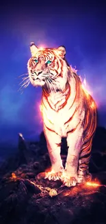 Fiery tiger stands in a glowing, enchanted forest scene.