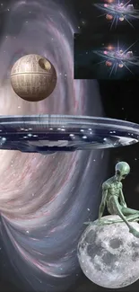 Futuristic spacecraft emerging from cosmic vortex in space wallpaper.