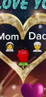 Golden heart with 'Mom Dad' text and emojis on starry background.