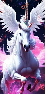 Majestic unicorn with wings and vibrant glow in fantasy art design.