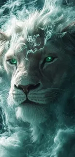 Mystical lion with green eyes in ethereal mist.