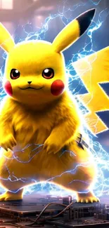 Pikachu with lightning on mobile wallpaper, vibrant and electrifying.