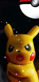 Pikachu with Pokéball on dark background, lightning effects.