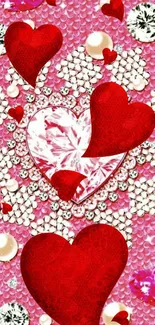 Romantic wallpaper with red hearts and gems on a pink background.