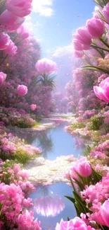 Serene pink garden with vibrant tulips reflecting in the water.