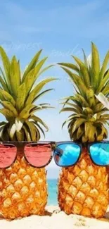 Pineapples with sunglasses on a sunny beach.