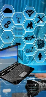 Digital innovation theme with devices and icons on a blue background.