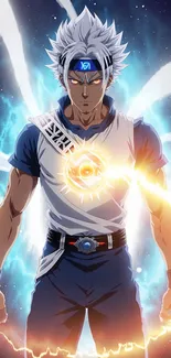Anime hero with glowing aura in vibrant mobile wallpaper.