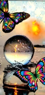 Vibrant mobile wallpaper featuring butterflies, sunset, and water reflections.