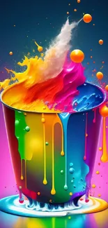Vibrant colorful splash in metal bucket wallpaper design.