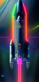 Futuristic neon space rocket in deep space.