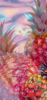 Surreal pink pineapples on pastel water.