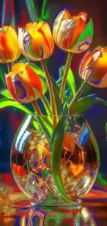 Vase of vibrant tulips with colorful petals and a reflective artistic background.